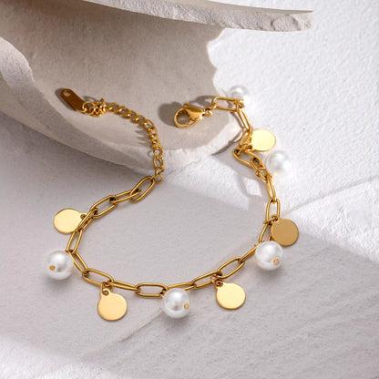 Goldern Glimmer - Link Bracelet With Pearls & Discs